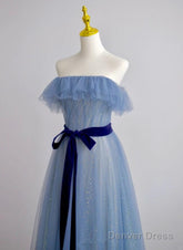 A-Line Blue Simple Off Shoulder Floor Length Prom Dress, Blue Long Party Dress